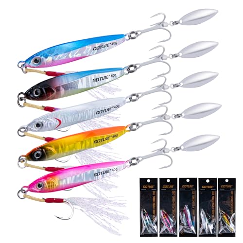 Goture Fishing Jigs, 40g 60g Vertical Jig Saltwater Freshwater, Jig Fishing Lures with Assist Hooks and Treble Hook, Jigging Spoon Lures for Tuna, Salmon,Striped Bass, Grouper Snapper,Kingfish - color: A3:5pcs Fishing Jigs, size: 1.41oz/40g