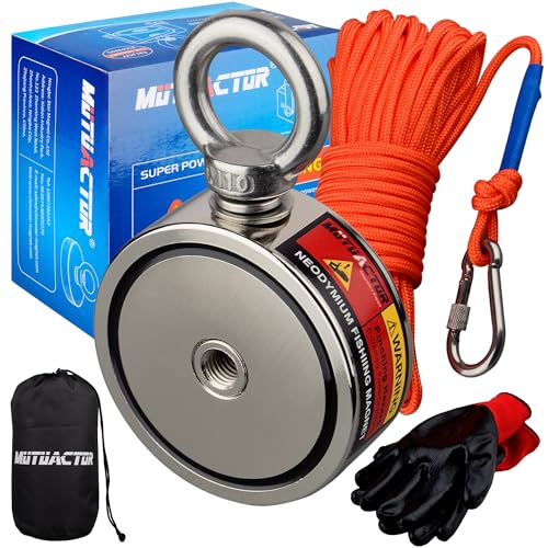 MUTUACTOR Neodymium Fishing Magnet,Φ2.63'' Combined 1100lbs Double Sided Strong Fishing Magnet Heavy Duty with 65Ft Salvage Rope,Gloves,Waterproof Bag for Retrieving Tools Find Treasure - style: 1100lb Magnet(Double Sided)--Φ 2.63"