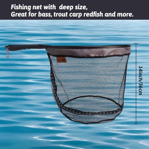 Aventik Magnetic Landing Net with Measuring Ruler Rubber-14inch Deep Design Coated Non-Tangle Mesh Lightweight Aviation Aluminum Frame Portable Trout & Bass Fishing Net for Kayak Fly Boat & Wading