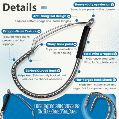 40PCS Weedless Wacky Rig Hooks - Dragon Scale Shank Bass Hooks for Wacky Rig Tool - High Carbon Steel Worm Hooks with Weed Guard for Freshwater Saltwater - Sizes 1# 2# 3# 1/0 2/0 3/0 - size: 3/0