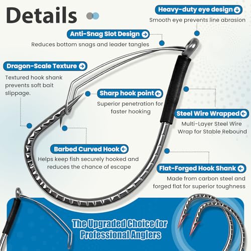 40PCS Weedless Wacky Rig Hooks - Dragon Scale Shank Bass Hooks for Wacky Rig Tool - High Carbon Steel Worm Hooks with Weed Guard for Freshwater Saltwater - Sizes 1# 2# 3# 1/0 2/0 3/0 - size: 2#