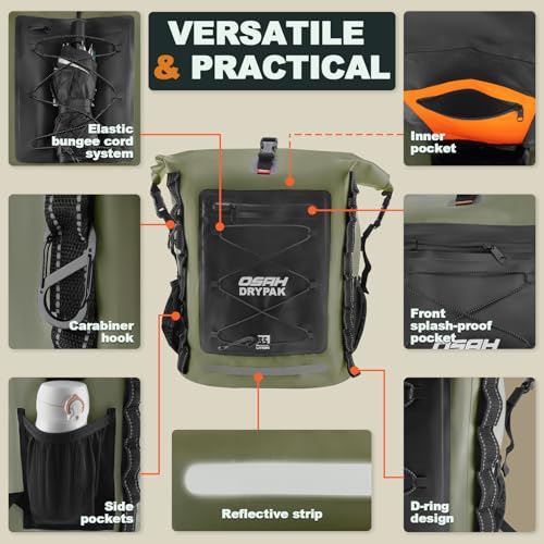 OSAH DRYPAK Waterproof Backpack Dry Bag 35L/55L/85L – Heavy Duty Roll-Top Hiking Backpack for Travel, Kayaking, Boating, Camping, Rafting and Fishing - color: Green, size: 35L