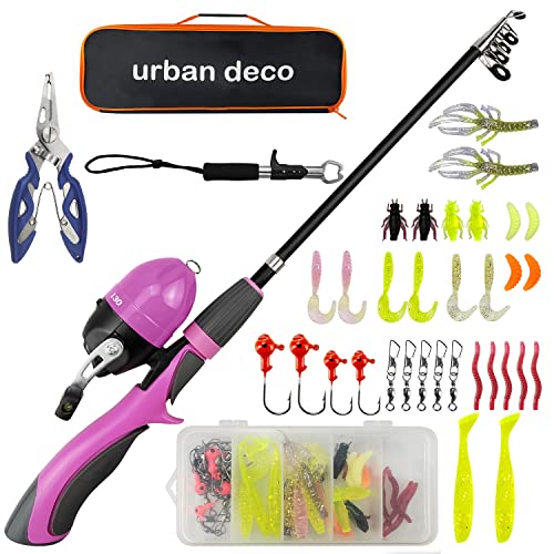 Urban Deco Kids Fishing Pole Set Portable Telescopic Kids Fishing Rod and Reel Combo Kit with Tackle Box for Beginners, Boys,Girls,Youth,Children - color: Pink