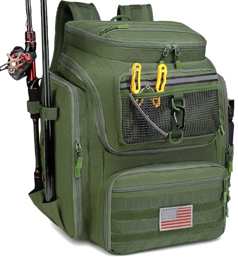 HAMBOLY Fishing Backpack 45L with Rod Holders, Water-Resistant Tackle Backpack for Fishermen, Large Capacity Fishing Gear Bag for Travel Hiking Camping - color: Army Green