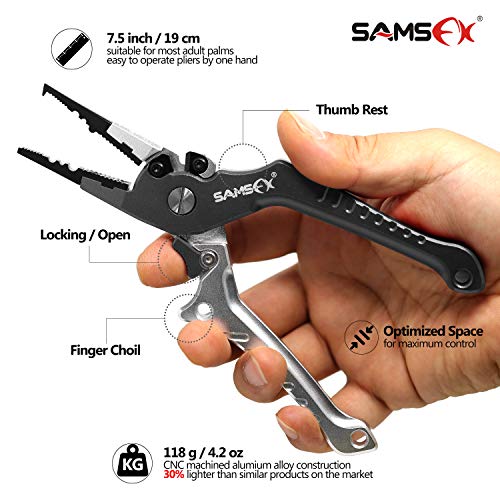 SAMSFX Aluminum Fishing Pliers Hook Remover Braid Line Cutter with Coiled Lanyard, Fly Fishing Knot Tying Tool & Retractors - color: Silver & Gray Handle, Split Ring Nose