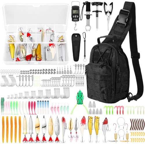 Gemscream 393 Pcs Fishing Tool Kit Fishing Backpack with Tackle Boxes Included Pliers Gear and Equipment Bait Rigs Fish Lip Gripper Lure Gear Kit Fish Hooks Remover Tools - color: Black
