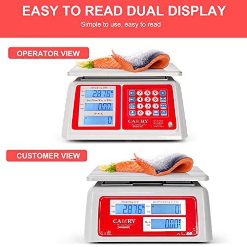 CAMRY Waterproof Commercial Food Scale, 66lb/30kg, Price Computing | IPX7 Stainless Steel Platform; Rechargeable Battery; Dual LCD Display; KG/LB Conversion; For Seafood and Farmers Market