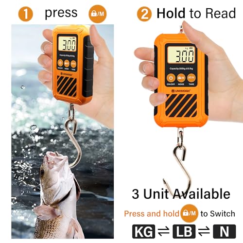 UNIWEIGH Digital Hanging Scale,Mini Crane Scale 300kg/660lb,Postal Luggage Scale with LCD Display,Portable Handheld and Large Hook,Deer Scale with Hold &Tare Function for Garage Farms Hunting Fishing