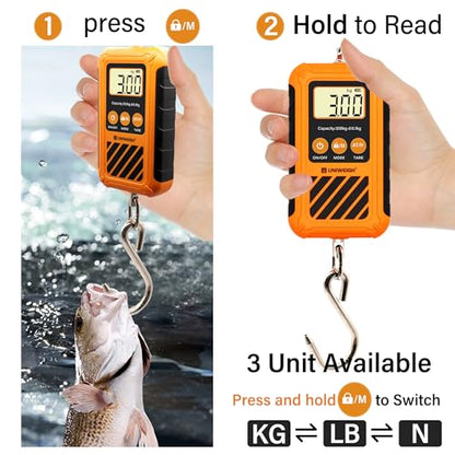 UNIWEIGH Digital Hanging Scale,Mini Crane Scale 300kg/660lb,Postal Luggage Scale with LCD Display,Portable Handheld and Large Hook,Deer Scale with Hold &Tare Function for Garage Farms Hunting Fishing