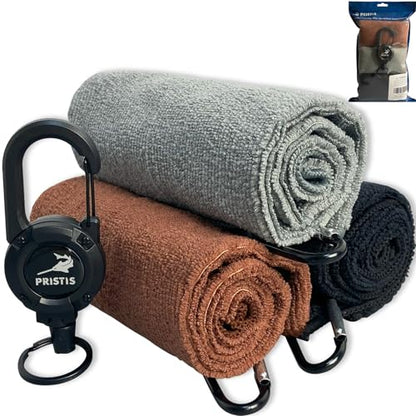 Pristis 3 Pack Fishing Towels with Clips & one Heavy Duty Zinger Retractor, 16x16'' Retractable Plush Microfiber Bait Towel with Loop, Absorbent Utility Accessory for Fly Fishing Kayaking Hiking Boat