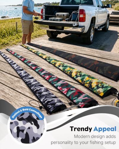 Pawfly Neoprene Fishing Rod Sleeve with Straps, Resistant Fishing Rod Socks | Lightproof Fishing Pole Sleeves, Fishing Rods Sleeve, for Transport, Storage, Protect Casting, Trolling & Spinning Rods - size: 65" - 4 Pack (w/ 4 Straps)