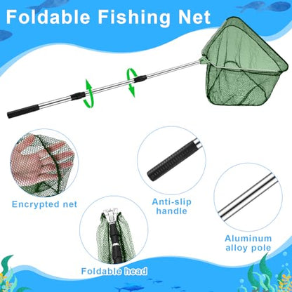 Hollowfly 2 Pcs Steel Wire Fish Basket and Fishing Landing Net with Extension Aluminum Telescoping Pole Includes 1 Portable Fishing Net with Handle 1 Collapsible Wire Fishing Basket for Women Men