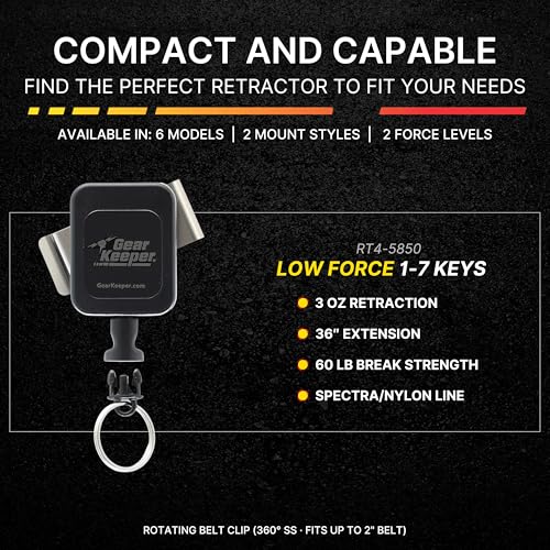 Hammerhead Industries Gear Keeper Low Force/ 3oz. 36”, 1-7 Key Retractor RT4-5850 – Features Heavy-Duty Durable Stainless Rotating Belt Clip with Q/C Split Ring Accessory – Made in USA - size: 1-7 Keys