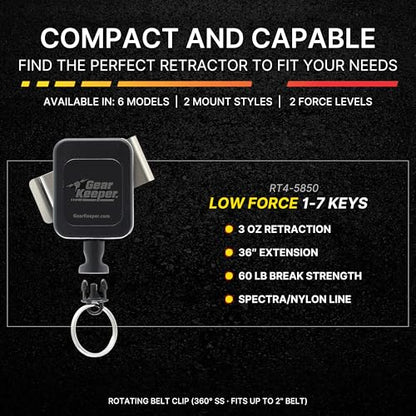 Hammerhead Industries Gear Keeper Low Force/ 3oz. 36”, 1-7 Key Retractor RT4-5850 – Features Heavy-Duty Durable Stainless Rotating Belt Clip with Q/C Split Ring Accessory – Made in USA - size: 1-7 Keys