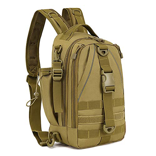 HUNTVP Fishing Sling Bag Lightweight Tackle Bag Small Fishing Backpack Tactical Shoulder Sling Bags for Men with Rod Holder - color: Brown2