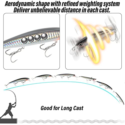 Dr.Fish Saltwater Fishing Lures Kit 5" Surf Fishing Sriper Saltwater Minnow Lures Mustad Hooks Jerkbait Popper Plugs Inshore Offshore Mackerel Tarpon Barracuda - color: Black,Silver(pack of 6)