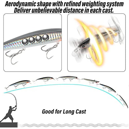 Dr.Fish Saltwater Fishing Lures Kit 5" Surf Fishing Sriper Saltwater Minnow Lures Mustad Hooks Jerkbait Popper Plugs Inshore Offshore Mackerel Tarpon Barracuda - color: Black,Silver(pack of 6)