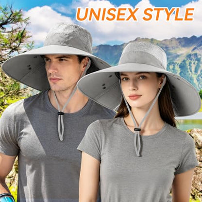 Super Wide Brim Fishing Hat UPF 50+ Sun Safari Hat with Removable Neck Face Flap - color: Light Grey