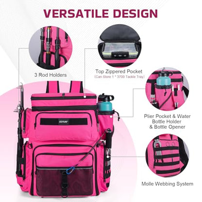 Goture Fishing Backpack with Cooler, 66L 600D Tackle Backpack with 3 Rod Holders, Helmet Holder, Rain Cover, Saltwater Large Fishing Bag for Camping Hiking, Gear Storage Bag, Gifts for Men - color: B1:pink(without Tackle Box)
