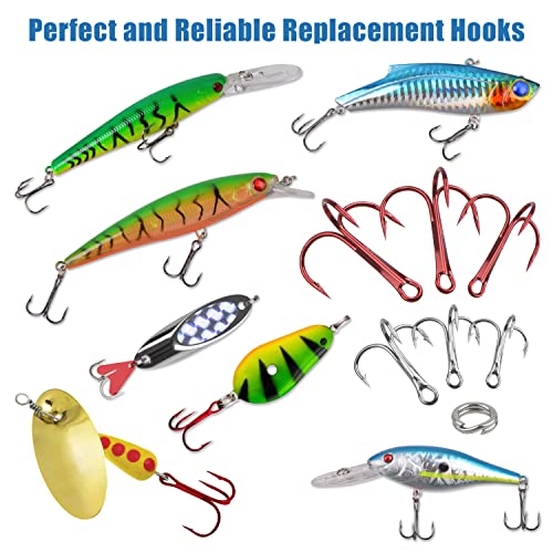 Fishing Treble Hooks Kit,190pcs High Carbon Steel Strong Sharp Treble Hooks Round Bend with Split Rings Triple Hook for Lures Baits Saltwater Freshwater Fishing Gear - color: Red Mixed