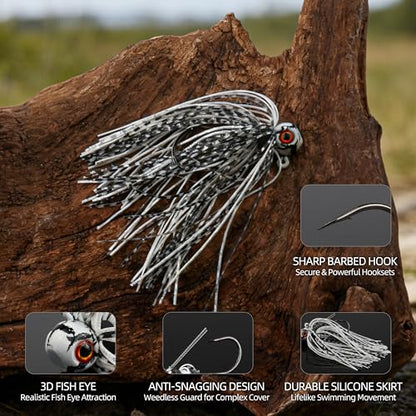 Weedless Swim Jigs & Spinnerbait Jigs Combo Pack, Bass Rubber Jigs with Silicone Skirts, 3D Eyes & Weed Guard for Freshwater Saltwater Bass Trout Fishing - size: 3/8oz
