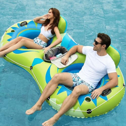 Jasonwell Inflatable River Tube Float - 2 Person Heavy Duty River Float Pool Floats with Removable Cooler Lake Water Tubes for Floating River Raft Lounge Floatie with 2 Cup Holders for Adults (YG) - style: Owl-Lime