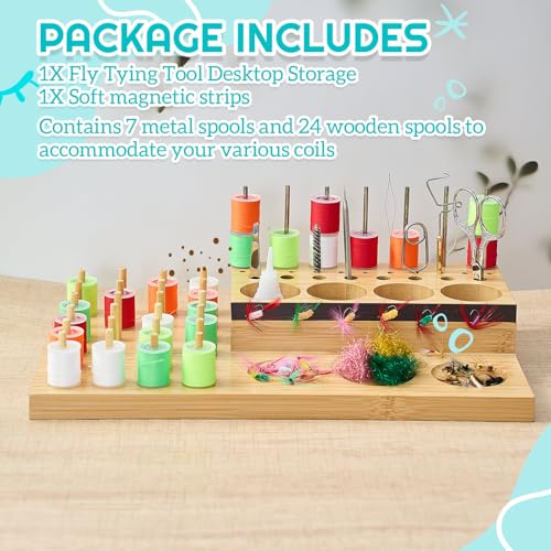 Yalikop Wooden Fly Tying Fishing Kit Organizer with Soft Magnets & Thread Spool Stand, Fly Tying Tool Caddy Desktop Storage Rack, Fishing Materials Tray Station(Simple,15 x 8.5 x 2.24 Inch)