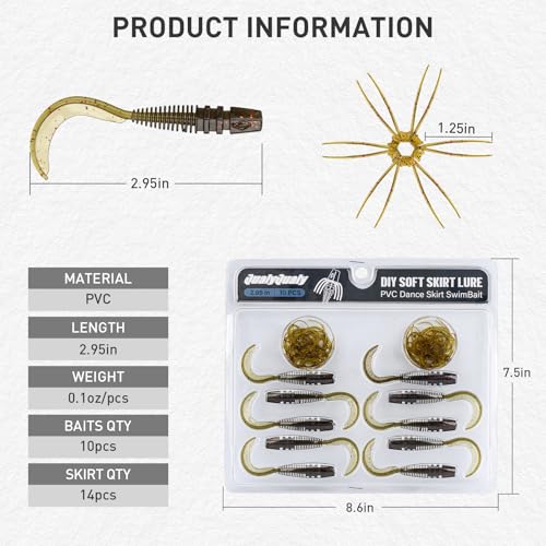 QualyQualy Soft Fishing Lures Soft Plastic Kit with Skirt 10pcs Soft Bait Grub for Bass, Crappie Wacky Worms Baits Set 2.95" for Texas Carolina Rig Kit - color: Green -20pcs