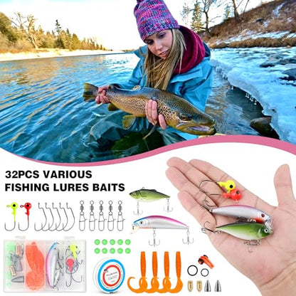 Fishing Rod and Reel Combos, Fishing Gear Gifts for Women with Spinning Reel, Lures, Line, Pink Ladies Telescopic Pole Kit Designed for Girls Adults by PLUSINNO - size: 6.86 ft - Complete Kit
