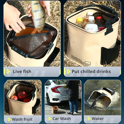 8L Foldable Collapsible Bucket Outdoor Bucket with Lid Waterproof Multi-Functional Bucket with Zipper Closure Lid Live Bait Bucket Fish Container Camping Food Storage Bucket A