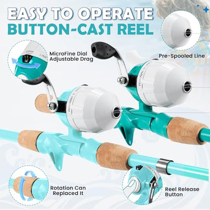 Kids Fishing Pole, Portable Telescopic Kids Fishing Poles for Boys Girls Youth, Fishing Rod and Reel Combo - color: Turquoise+Mint Blue