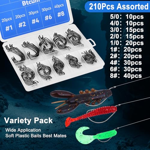 210 Pcs Fishing Hooks, Worm Hooks for Bass Fishing, Ewg Hooks for Soft Plastic Baits in Saltwater or Freshwater #8#6#4#2#1 1/0 2/0 3/0 4/0 5/0