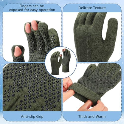 Geyoga 2 Pairs Wool Fingerless Fishing Gloves for Men Women Anti-Slip with Grip Dots Warm Winter Fly Ice Fishing Gloves - color: Black and Green, style: 3 Cut Fingers