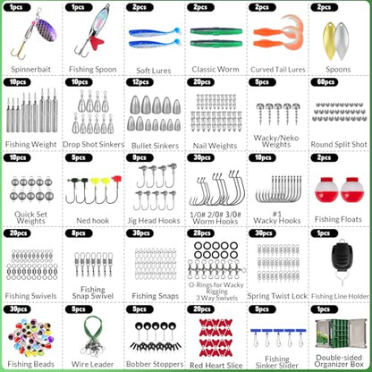 THKFISH 375pcs Fishing Accessories Kit, Double sided Organized Fishing Tackle Box with Tackle Included Hooks, Weights Sinkers, Bass Fishing Gear Gifts