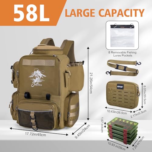 Goture Fishing Backpack with 4 Tackle Boxes,58L 900D Water-Resistant Tackle Backpack with Cooler,Rod Holders,8 Lure Pockets, Detachable Crossbody Bag,Gear Storage Large Fishing Bag for Camping Hiking - color: D1:khaki With 4 Tackle Boxes
