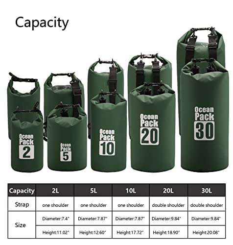 Dry Sack/Floating Waterproof Bag 2L/5L/10L/20L/30L for Boating, Kayaking, Hiking, Snowboarding, Camping, Rafting, Fishing and Backpacking - color: Dark Green, size: 10L