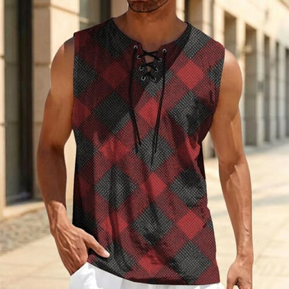 MARSVOVO Mens Print V-Neck Tank Tops Casual Lace-Up Loose Fit Graphic Vest Lightweight Breathable Sleeveless Shirts - color: Pattern O, size: 3X-Large