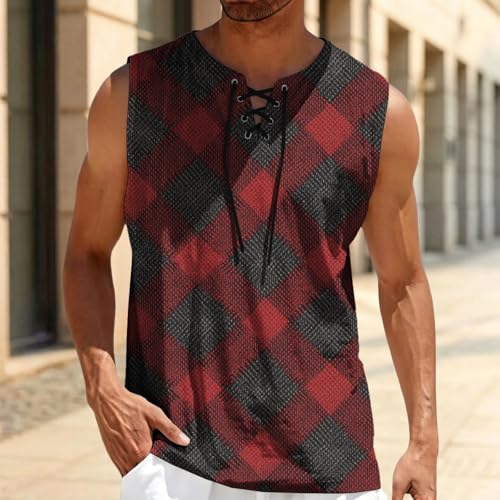 MARSVOVO Mens Print V-Neck Tank Tops Casual Lace-Up Loose Fit Graphic Vest Lightweight Breathable Sleeveless Shirts - color: Pattern O, size: Small