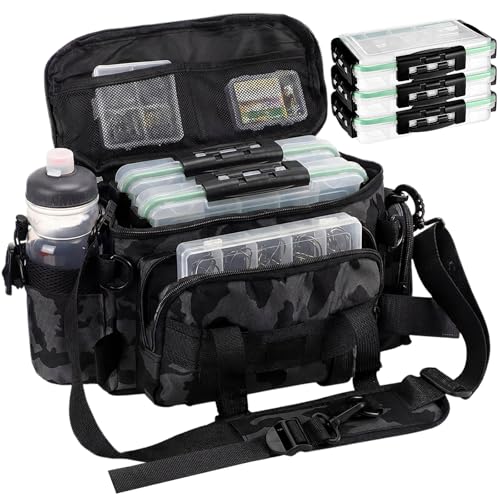 Fishing Tackle Bag with 3 Pcs 3600 Tackle Trays Expandable Soft Fishing Bag Waterproof Camouflage Gear Backpack Padded Shoulder Strap Angler Gear Storage Gifts for Fishermen(Gray) - color: Gray