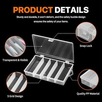 6 Pack 5 Grid Clear Plastic Fishing Tackle Bait Hooks Storage Box, Visible Organizer Container Case for Jewelry Board Game Beads Earrings Screws Nail Bobby Pins DIY Crafts(7.1" x 4.3" x 1.2")