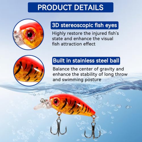 9PCS/Bag Mini Crankbait, Bass Fishing Lures Kit Set, 3D Eye Panfish Lures Plastic Crankbait Fishing Lures Hooks Topwater Hard Baits for Saltwater/Freshwater Fishing, 4.5cm/4g
