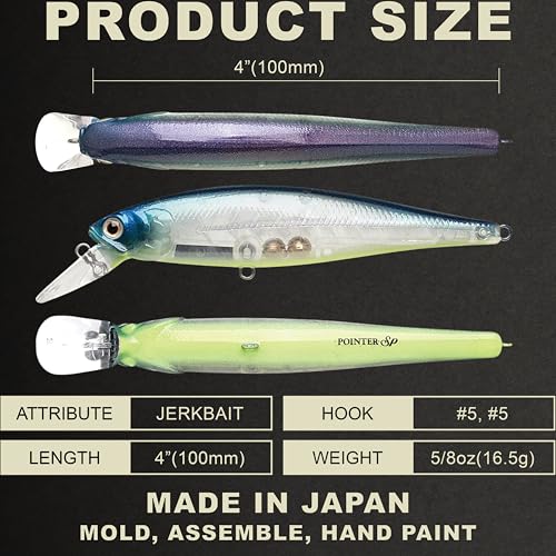 LUCKY CRAFT Pointer 100SP, Jerkbait Side by Side Action Tournament Winning Perfect Wobbling Freshwater Lake Bass Fishing Champion Bait - color: 371 Bone Pro-Blue