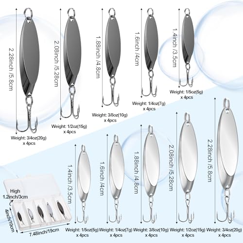 HESTYA Fishing Lures Spoons Saltwater Treble Trout Lures Hard Metal Spinner Baits 5 Sizes Casting Spoon Hooks for Salmon Bass in 1/5 1/4 3/8 1/2 3/4 oz - color: Silver, Black