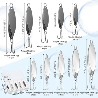 HESTYA Fishing Lures Spoons Saltwater Treble Trout Lures Hard Metal Spinner Baits 5 Sizes Casting Spoon Hooks for Salmon Bass in 1/5 1/4 3/8 1/2 3/4 oz - color: Silver, Black