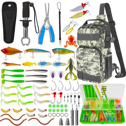 THKFISH 79 Pcs Fishing Tool Kit, Fishing Backpack with Tackle Boxes Fishing Pliers Kit Fishing Bait Lure Gear Kit Include Fish Hook Remover, Fishing Lures, Lip Gripper - color: Camouflage