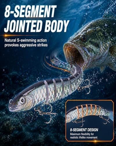 8-Segment Swimbait with High-Carbon Steel Hooks, 5.4" Lifelike Jointed Fishing Lure with Built-in Rattle & 3D Eyes, Magic Wiggling Action Swimbaits for Bass Trout Pike Walleye, Freshwater Saltwater