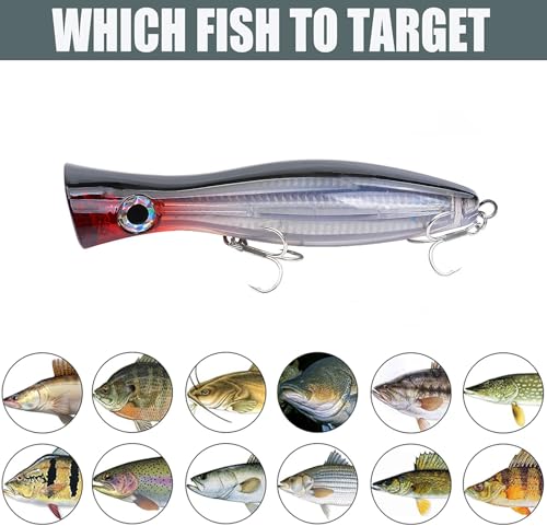 Popper Fishing Lure, JAZALIC 1 PCS Topwater Popper Lures 3D Eyes Fishing Accessories for Saltwater Surface Casting and Freshwater Gt Tuna Kingfish Large Predator Fish (6.3in, 2.82Oz) - color: Black