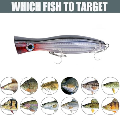 Popper Fishing Lure, JAZALIC 1 PCS Topwater Popper Lures 3D Eyes Fishing Accessories for Saltwater Surface Casting and Freshwater Gt Tuna Kingfish Large Predator Fish (6.3in, 2.82Oz) - color: Black