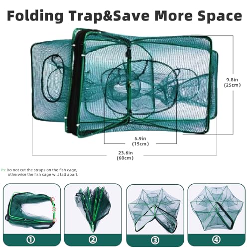 3 Pcs Foldable Fishing Net Accessories for Crab Crayfish Shrimp:Fishing Landing Net with Telescoping Pole Handle, Collapsible Crab Trap Hexagon and 2 Ropes