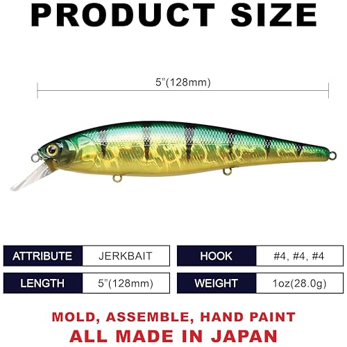 LUCKY CRAFT Pointer 128SP, Freshwater Lake Bass Fishing Lure, Jerkbait, Suspending, Fishing Gear, Fishing Accessories, Fishing Tackle - color: 280 Aurora Green Perch